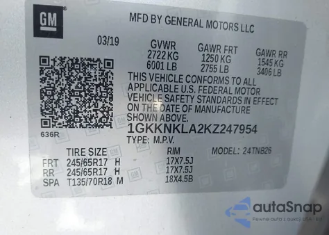 2019 GMC Acadia Sle-1 из США, поврежденный, VIN 1GKKNKLA2KZ247954